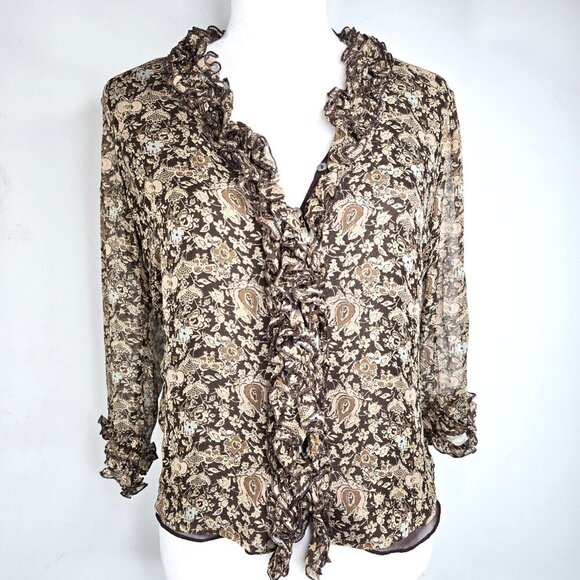 Vintage 90s Malcolm & Co Brown Ditsy Floral Ruffle Button Front Silk Blouse - Picture 1 of 6